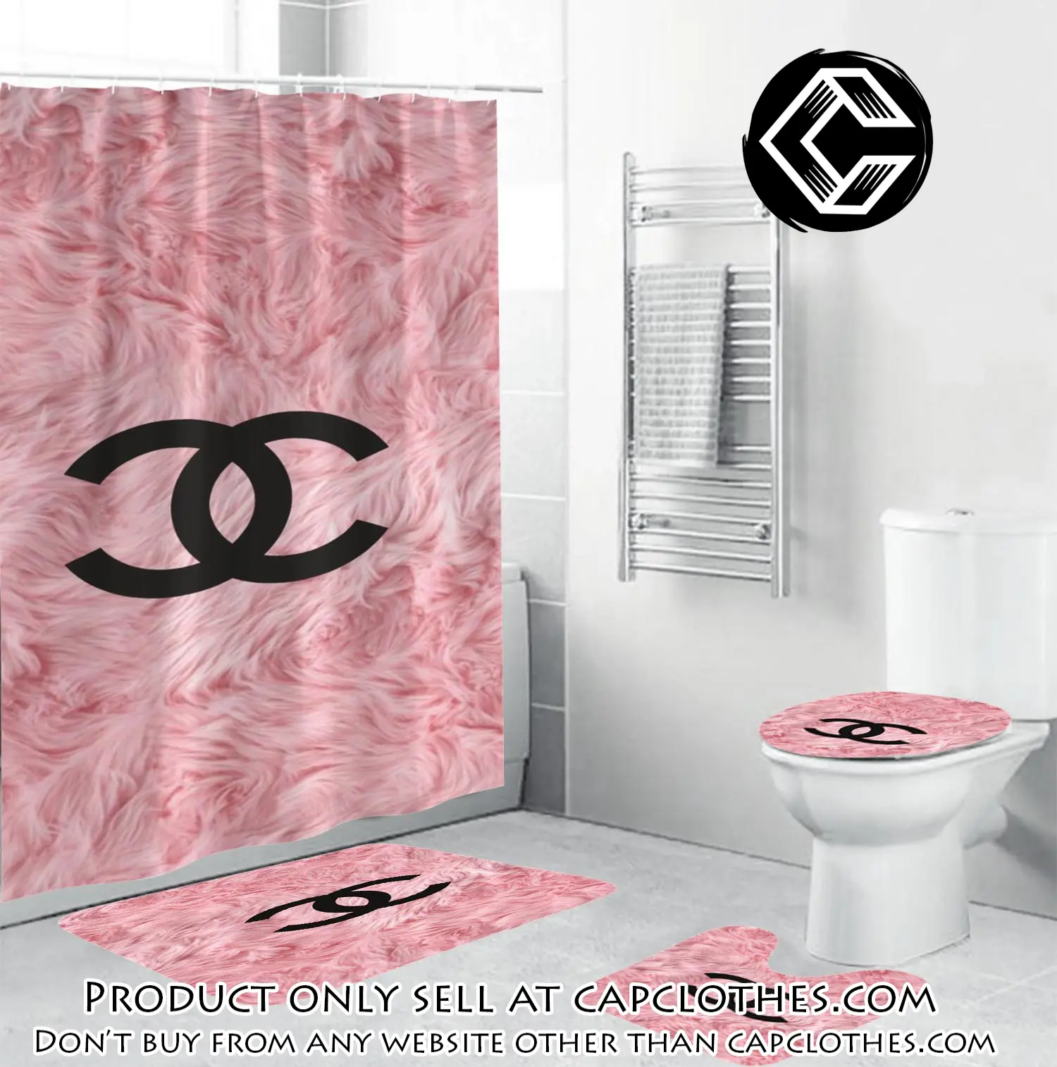 Coco chanel black logo in pink feather bathroom set shower curtain cc4222812